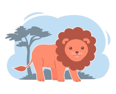 Safaride şirin bir aslan. Canavarların kralı. Doğanın arka planında Afrika Hayvanı. Vektör karikatür bebek çizimi
