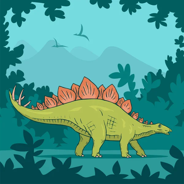 Herbívoro Estegosaurio Fondo Bosque Antiguo Lagarto Extinto Del Período Jurásico — Vector de stock