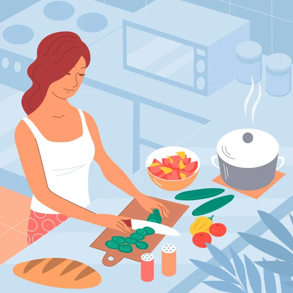 Young Woman Prepares Homemade Dinner Kitchen Cuts Vegetable Salad Isometric — Stock Vector