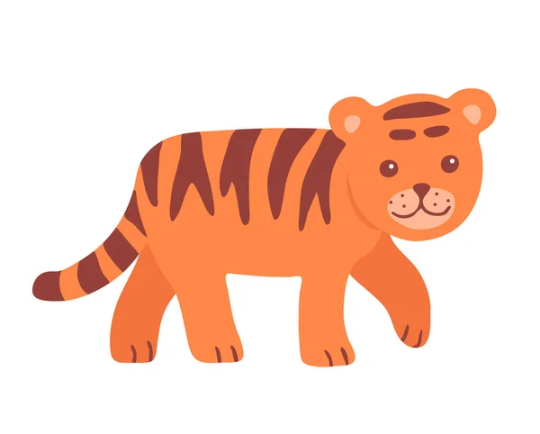 白い背景にかわいい縞模様の虎の赤ちゃん 野生の猫 ベクトル絶縁子供漫画イラスト — ストックベクタ