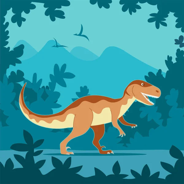 Antiguo Velociraptor Lagarto Fondo Del Bosque Dinosaurio Depredador Del Período — Vector de stock