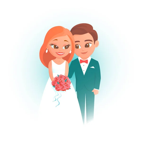 Kreslený Mladý Pár Novomanželů Svatbě Krásná Veselá Nevěsta Ženich Ilustrace — Stock fotografie