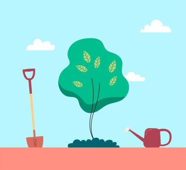 Ağaç dikmek için bahçe aletleri. Kürek, sulama tenekesi ve tohum. İlkbahar ve doğa için bakım. Vektör düz resimleme