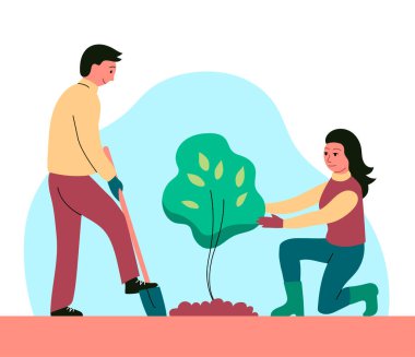 Bir aile, ağaç fidanı dikiyor. Adam kürekle kazıyor. Kadın yardım ediyor. Doğayla ve ekolojiyle ilgilenmek. Vektör düz resimleme
