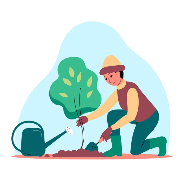 Woman Planting Young Tree Sapling Digging Shovel Watering Springtime Caring — Stock Vector
