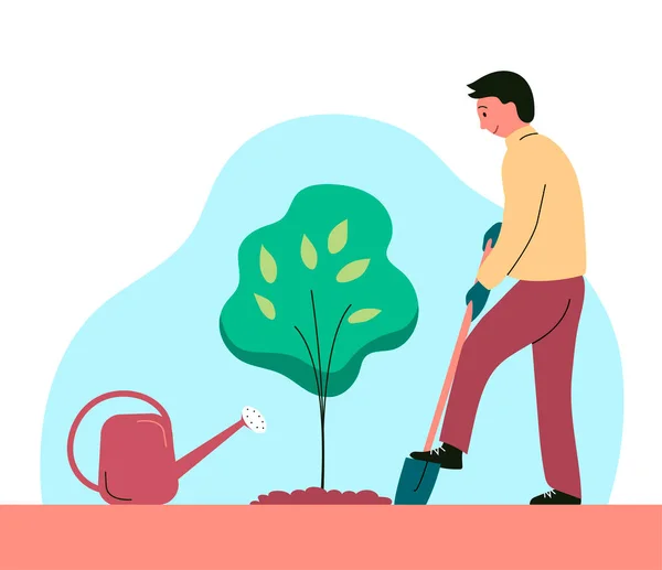 Man Planting Young Tree Sapling Digging Shovel Watering Outdoor Gardening — Stock Vector