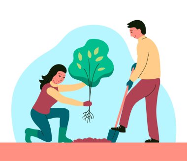 Bir aile, ağaç fidanı dikiyor. Adam kürekle kazıyor. Kadın yardım ediyor. Doğayla ve ekolojiyle ilgilenmek. Vektör düz resimleme