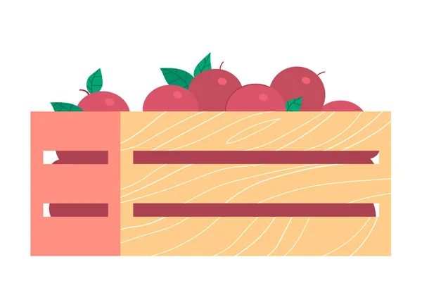 赤い新鮮なリンゴと木製の箱 秋の果物収穫 店内の商品 白い背景に隔離されたフラットベクトルイラスト — ストックベクタ