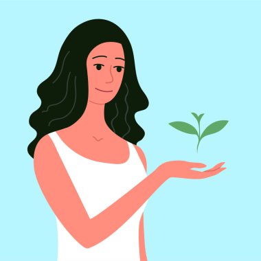 Kız elinde yeşil bir filiz tutuyor. Bahar sezonu. Çevreye önem verme kavramı. Düz vektör illüstrasyonu