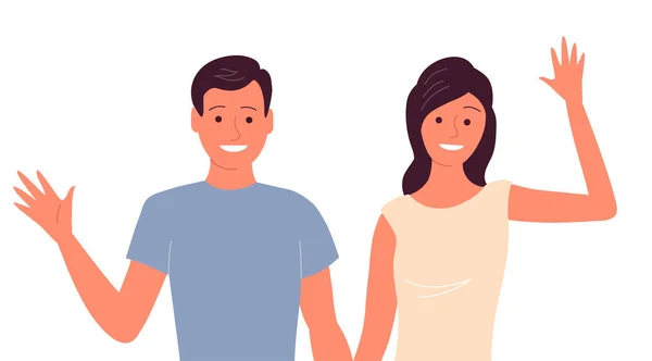 快乐的年轻男人和女人的白色背景 幸福的夫妻牵着手 以手势向他致意 在一个微笑的脸上白色背景上孤立的平面矢量图解 — 图库矢量图片