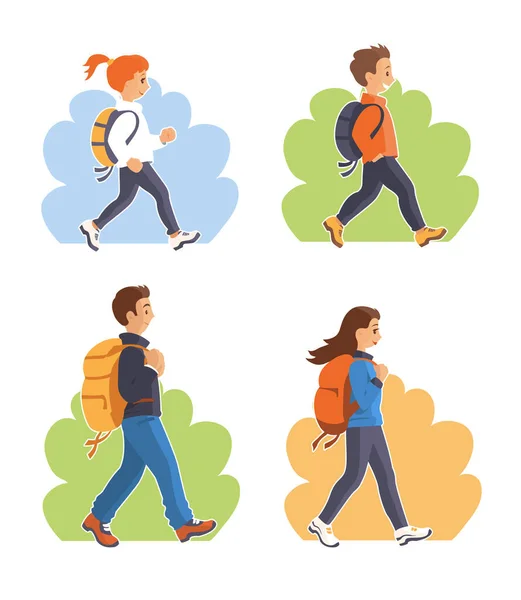 Familia Amigable Con Mochilas Naturaleza Padre Madre Hijo Hija Turista — Vector de stock