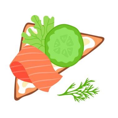 Kırmızı balıklı, dereotlu, marullu ve salatalıklı taze sandviç. Lezzetli ve iştah açıcı yemekler. Yemek ve öğle yemeği. Düz vektör çizimi beyaz arkaplanda izole edildi