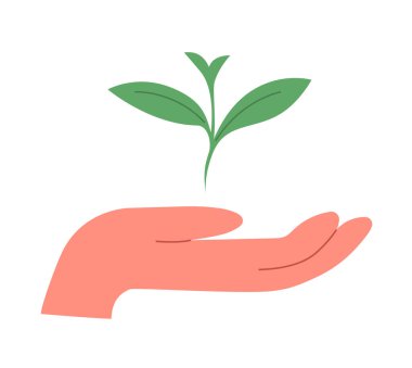 El dikkatlice bitkinin yeşil filizini tutar. Çevreye önem verme kavramı. Düz vektör çizimi beyaz arkaplanda izole edildi