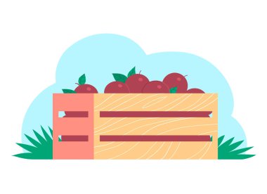 Kırmızı taze elmalı ahşap bir kutu tasviri