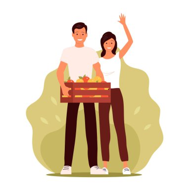 Genç bir adam ve kadın bir kutu taze elmayla ayakta duruyor. Mevsimlik hasat. Olgun sağlıklı meyveler. Düz vektör illüstrasyonu