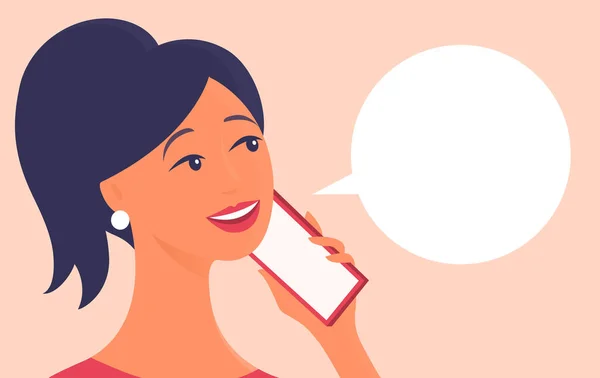 Genç Güzel Bir Kadın Telefonda Konuşuyor Yüzüme Gülümse Konuşma Için — Stok Vektör