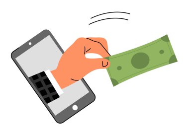 Akıllı telefonun ekranından bir el para iletir. İş, para, maddi yardım ve destek. Para birimi konsepti. Düz vektör çizimi beyaz arkaplanda izole edildi