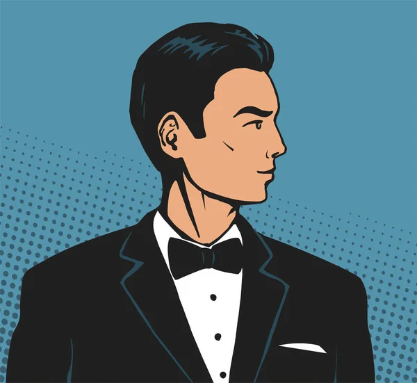 Desenho Retrato Cavalheiro Elegante Jovem Bonitão Smoking Gravata Borboleta Vetor — Vetor de Stock