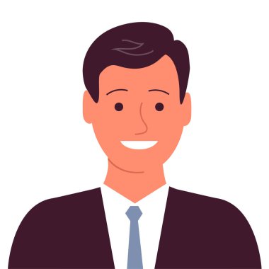Mutlu bir gülümsemesi olan neşeli genç bir adamın portresi. İş kıyafetleri, kravat. Avatar erkeği. Düz vektör çizimi beyaz arkaplanda izole edildi