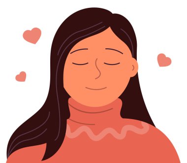 Sevimli genç bir kız aşkı hayal eder. Kapalı gözler, yüzünde mutlu bir gülümseme. Kalp sembolü. Düz vektör çizimi beyaz arkaplanda izole edildi