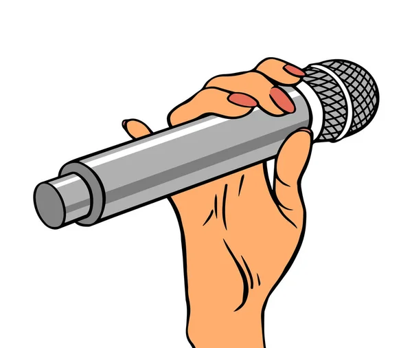 Kobieca Ręka Mikrofonem Piosenkarka Prowadząca Program Koncepcja Muzyki Dźwięku Kreskówka — Zdjęcie stockowe