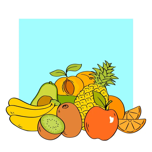 果物のセット バナナ アボカド オレンジ アボカド リンゴ アプリコット 漫画の孤立イラストの手描き — ストック写真