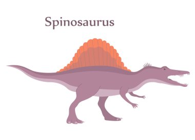 Jurasik dönemin Spinosaurus yırtıcı dinozor avcısı. Arkasında yüzgeç plakası var. Vektör karikatürü izole edildi. Beyaz arkaplan