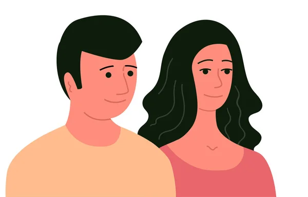 白い背景に幸せな男と女 若いカップルの肖像画 笑顔の顔に 白い背景に隔離されたフラットベクトルイラスト — ストックベクタ