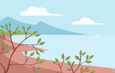 Sahili ve dağları olan deniz manzarası. Güzel doğa. Vahşi sahil. Yaz denizi. Düz çizim arkaplanı