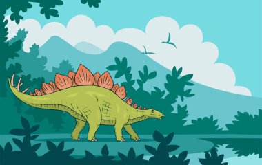Eski bir ormanın arka planında otçul stegosaurus. Kuyruğunda çiviler olan güçlü bir dinozor. Jurassic döneminden nesli tükenmiş bir kertenkele. Vektör renkli sanat illüstrasyonu