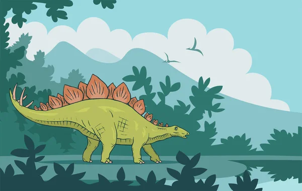 古代の森の背景にある草食動物のステゴサウルス 尾にスパイクのある強い恐竜 ジュラ紀の絶滅したトカゲ ベクトルカラフルなアートイラスト — ストックベクタ
