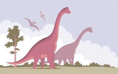 Uzun boyunlu büyük bir brachiosaurus. Jurasik dönemin otçul dinozoru. Vektör karikatür çizimi. Tarih öncesi doğa geçmişi. Vahşi doğa