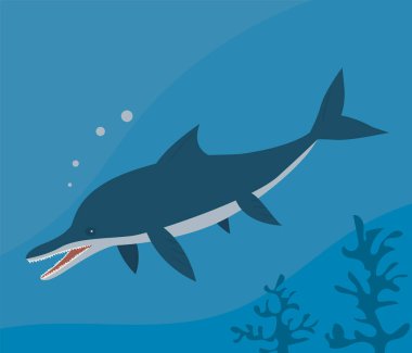 Yüzgeçli tarih öncesi sualtı dinozoru ichthyosaurus. Yırtıcı deniz pangolini. Dişleri olan korkunç bir çene. Jurasik dönemin vahşi yaşamı. Vektör illüstrasyonu