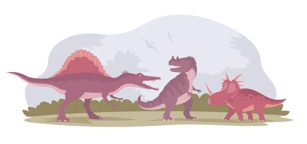 Kamp Mot Dinosaurier Predatory Ceratosaurus Mot Växtätande Ankylosaurus Och Spinosaurus — Stock vektor