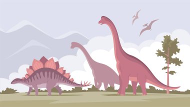 Uzun bir boynu ve stegosaurus 'u olan büyük bir brachiosaurus. Jurasik dönemin otçul dinozoru. Vektör karikatür çizimi. Tarih öncesi pangolin doğada var. Vahşi doğa