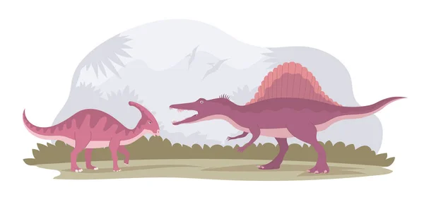 Μάχη Δύο Δεινοσαύρων Αρπακτικός Σπινόσαυρος Ενάντια Στον Παρασαυρόλοφο Εξαφανισμένα Ζώα — Διανυσματικό Αρχείο