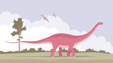 Uzun boyunlu büyük bir dinozor. Antik pangolin apatosaurus. Jurasik dönemin otçul dinozoru. Vektör karikatür çizimi. Tarih öncesi doğa geçmişi. Vahşi doğa