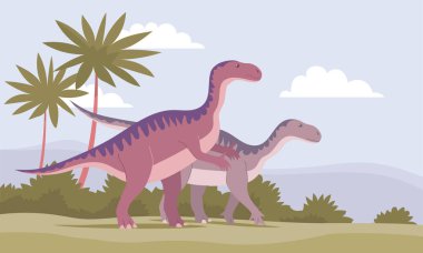 Antik pangolin iguanadonu. Jurasik dönemin otçul dinozoru. Vektör karikatür çizimi. Tarih öncesi doğa geçmişi. Vahşi doğa