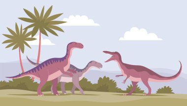 Iguanodon Baryonyx 'a karşı. Jurasik dönemin antik dinozorları. Vektör karikatür çizimi. Tarih öncesi doğa geçmişi. Vahşi doğa