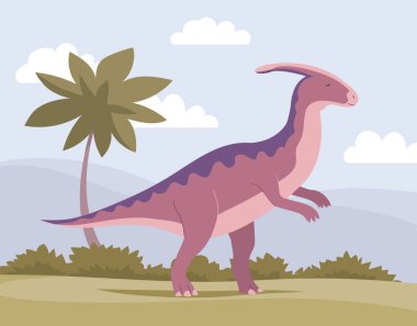 Antik pangolin parasaurolophus. Kafasında boynuz olan tarih öncesi bir hayvan. Jurasik dönemin otçul dinozoru. Vektör karikatür çizimi. Vahşi doğa