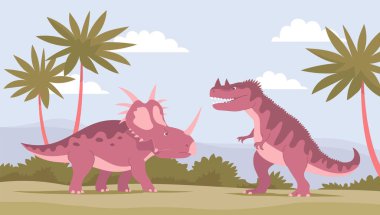 Styracosaurus, Ceratosaurus 'a karşı. Jurasik dönemin antik dinozorları. Vektör karikatür çizimi. Tarih öncesi doğa geçmişi. Vahşi doğa