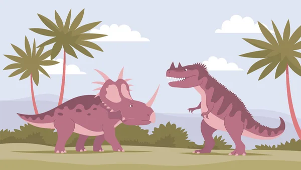 ステラコサウルス対セラトサウルス ジュラ紀の古代恐竜 ベクトル漫画イラスト 先史時代の自然背景 野生の風景 — ストックベクタ