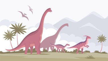 Uzun bir boynu ve parasaurolofusu olan büyük bir brachiosaurus. Jurasik dönemin otçul dinozoru. Vektör karikatür çizimi. Tarih öncesi pangolin doğada var. Vahşi doğa