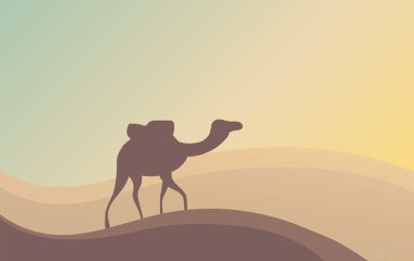 Sıcak çölde devenin silueti. Afrika Hayvanı yolda. Kum tepeleri ve gündoğumu olan bir manzara. Vektör çizgi film arkaplan illüstrasyonu