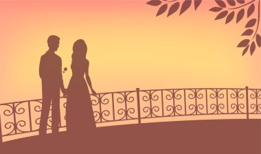 Silhouette of a young couple on the background of the evening sunset. A man gives a girl a flower. Happy people in love. Romantic illustration