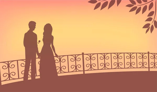 在夕阳的背景下 一对年轻夫妇的轮廓 男人送女孩一朵花 恋爱中的快乐人浪漫的例证 — 图库照片