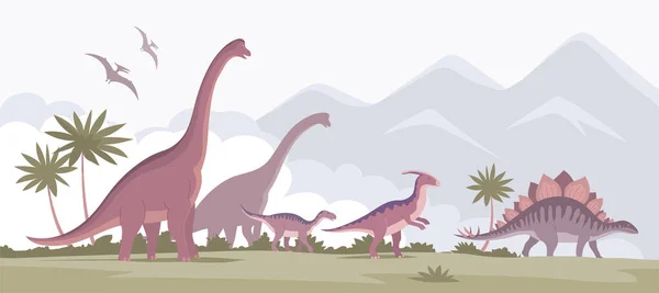 Big Brachiosaurus Long Neck Parasaurolophus Stegosaurus Herbivorous Dinosaur Jurassic Period — Vector de stock