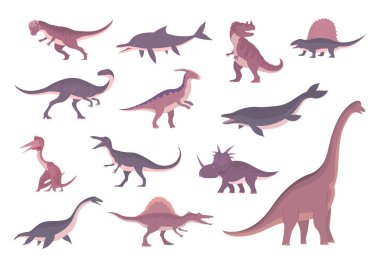 Set of ancient carnivorous, herbivorous dinosaurs. Pterosaur, mosasaurus, spinosaurus. Extinct lizards of the Jurassic period. Paleontology animals. Vector illustrations isolated on white background