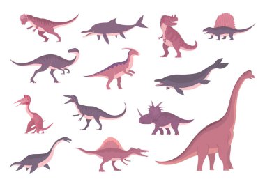 Set of ancient carnivorous, herbivorous dinosaurs. Pterosaur, mosasaurus, spinosaurus. Extinct lizards of the Jurassic period. Paleontology animals. Vector illustrations isolated on white background clipart