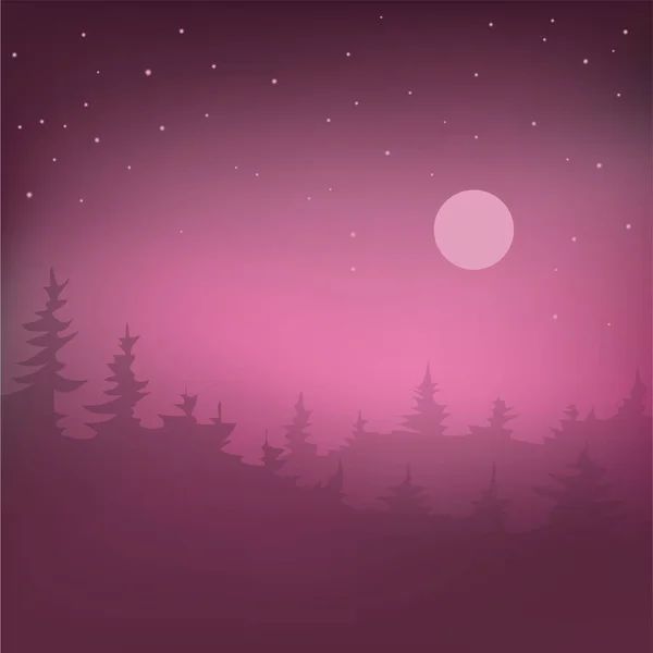 Forêt Nocturne Avec Lune Les Étoiles Beau Paysage Violet Fée — Image vectorielle